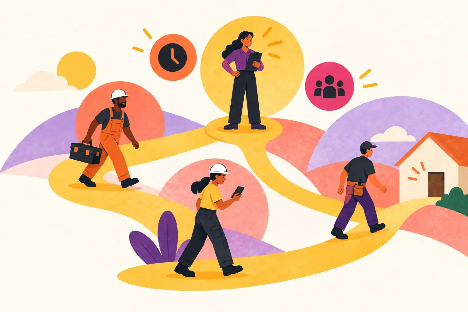 Illustration of a field service team moving along connected paths: a technician carrying a tool box, a coordinator with a clipboard, a crew member checking a phone, and a technician arriving at a house.