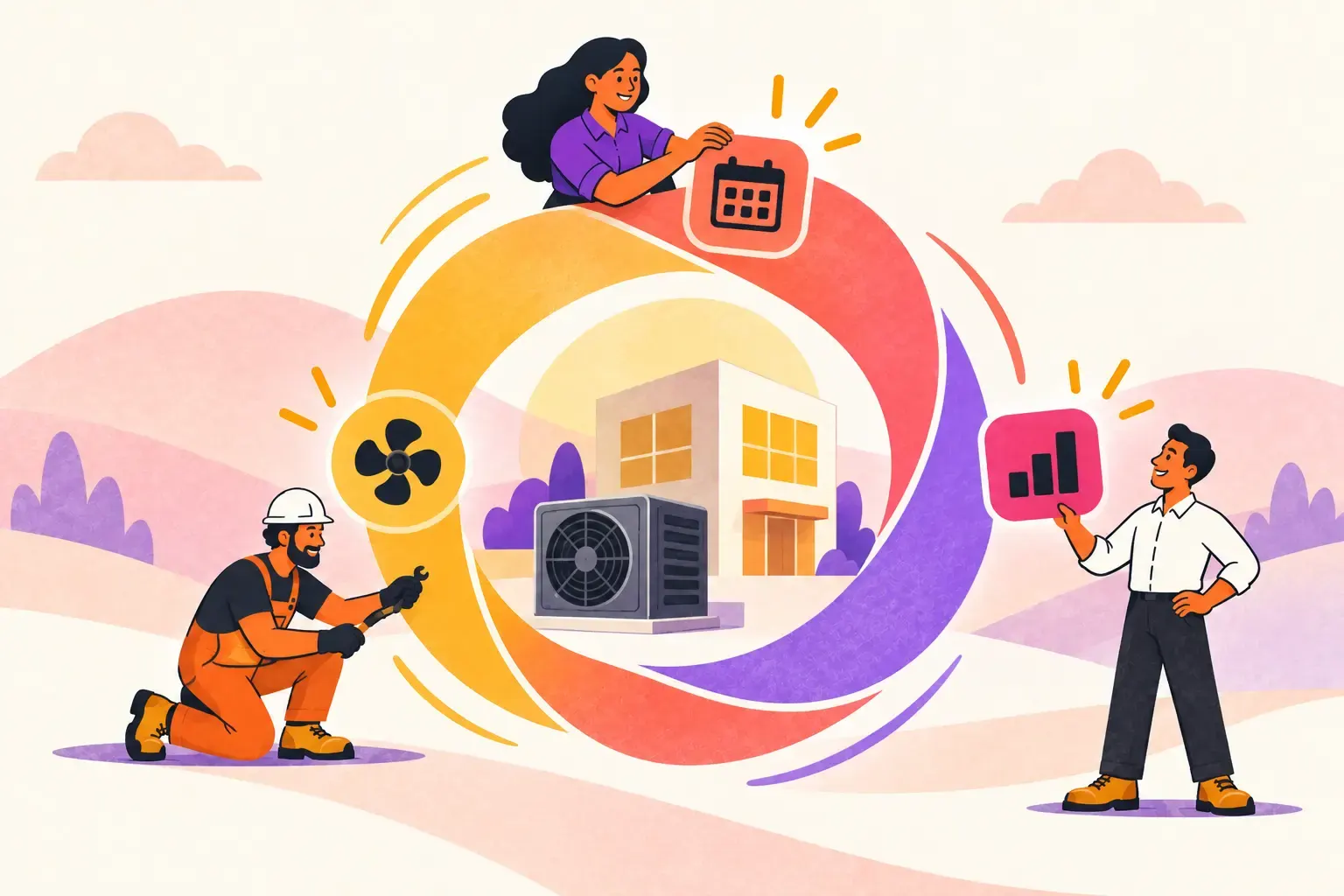 Illustration of an HVAC technician, a coordinator with a calendar and an owner with a reporting card arranged around a heat pump unit and building in one connected cycle.