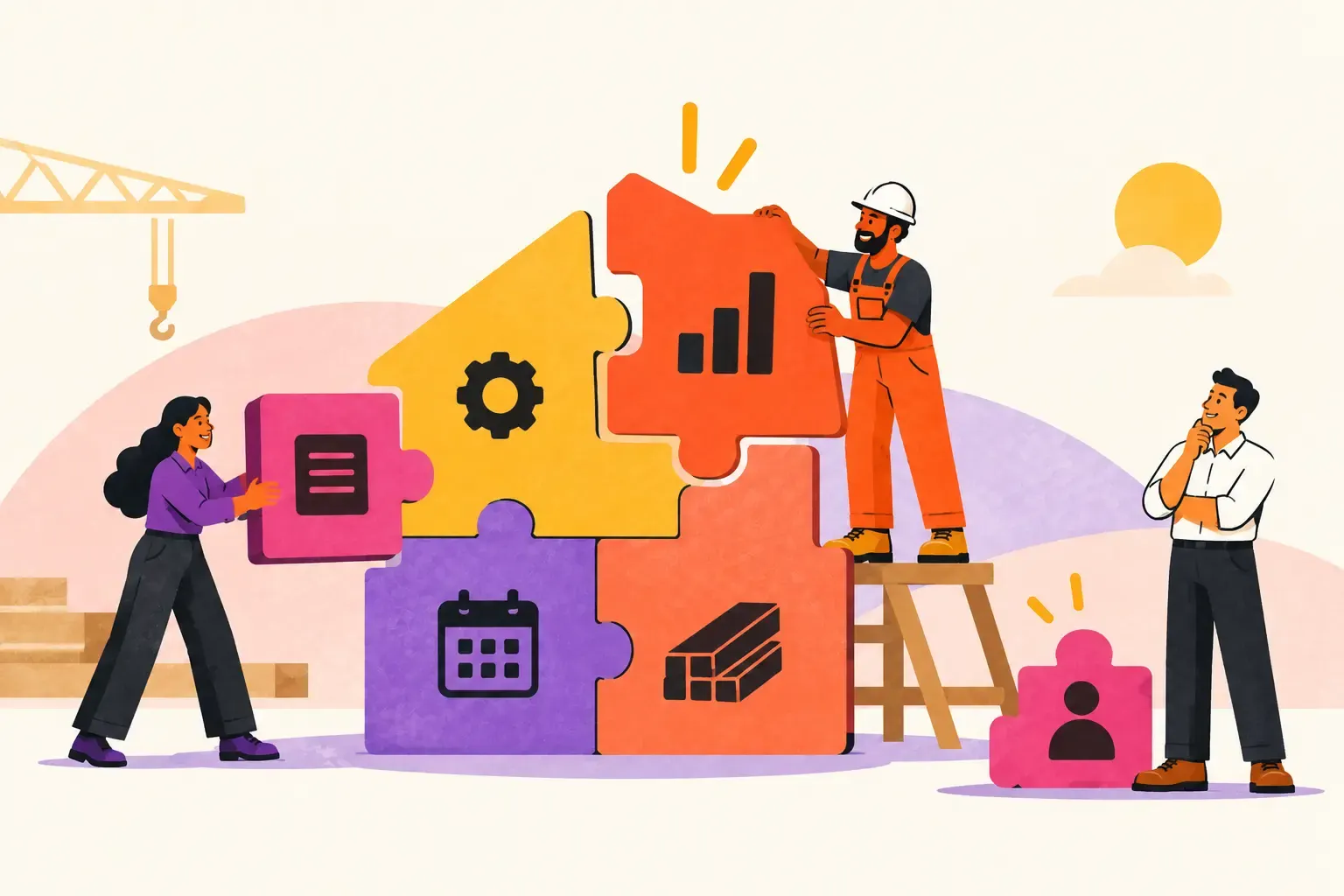 Illustration of a contracting team assembling puzzle pieces marked with documents, settings, reporting, a calendar, materials and a person into one connected job.