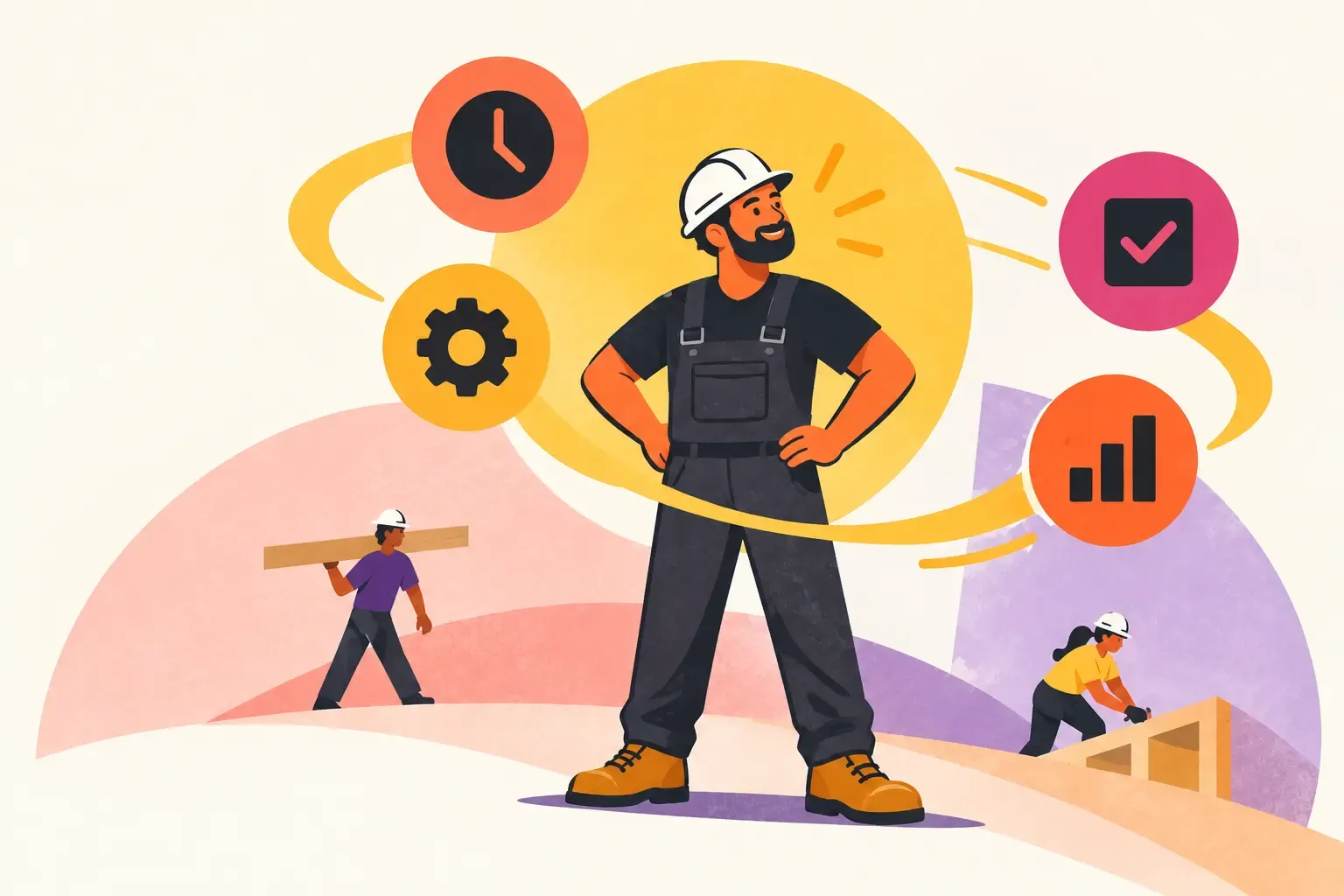 Illustration of a contracting business owner standing in front of a schedule, checklist and reporting dial while two crew members carry timber and frame a structure behind him.