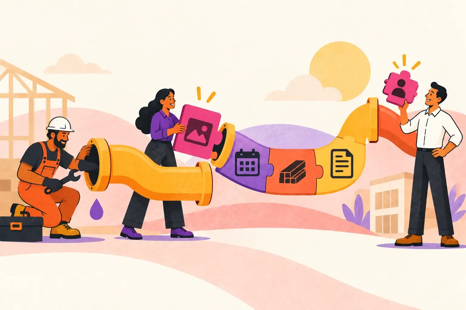 Illustration of a plumbing crew joining a large pipe made of puzzle pieces marked with site photos, a calendar, materials, documents and a person.